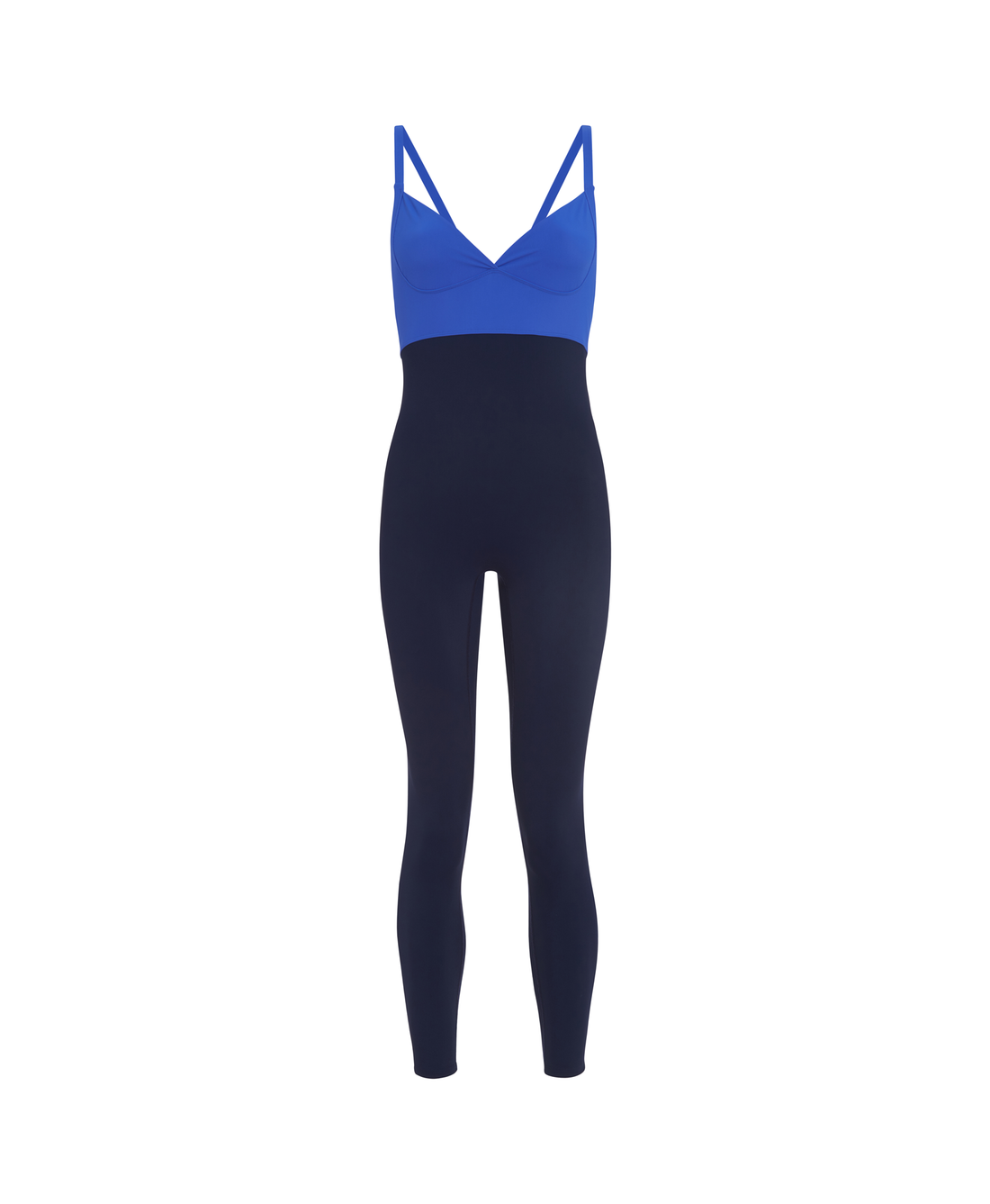 Wear One's At The Contour Unitard in Royal Blue and Navy on ghost mannequin front view