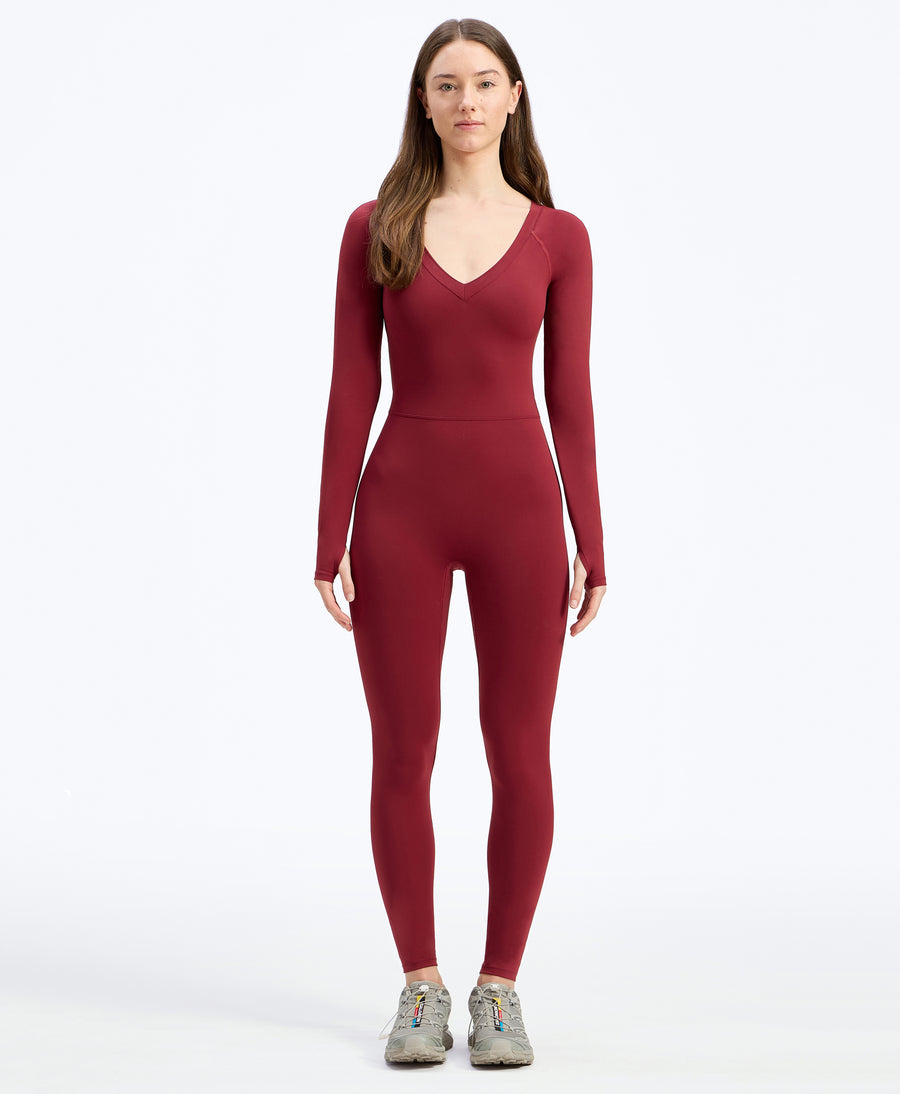Wear One's At Long Sleeve Varsity Unitard in pomegranate on model full front view