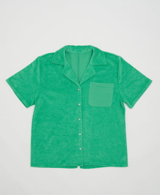 Wear One's At Aqualina Terry Cloth Button Down in Webster Green Flat Front