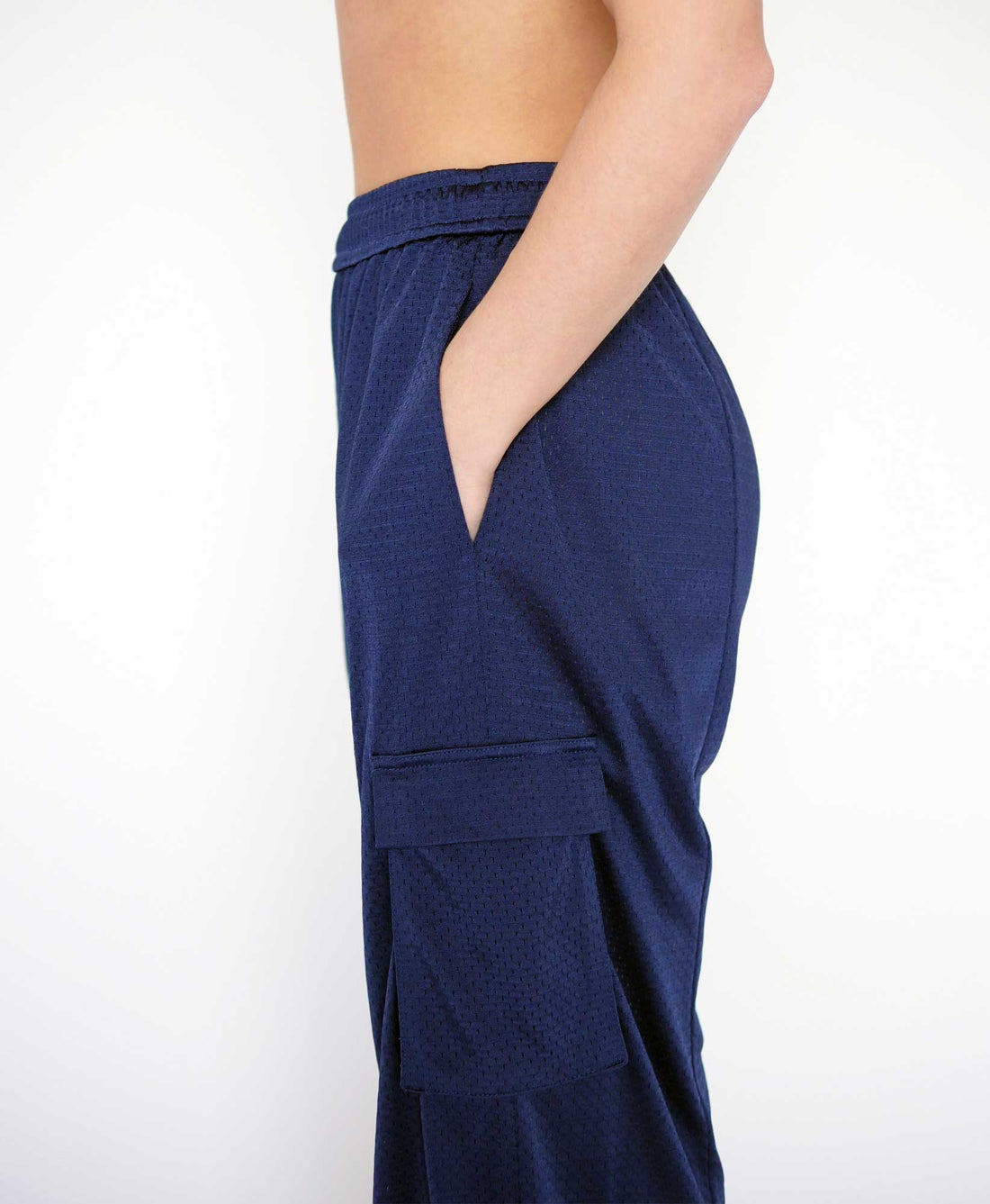 Wear One's At Arena Pant in Classic Navy on Model Side Detail View