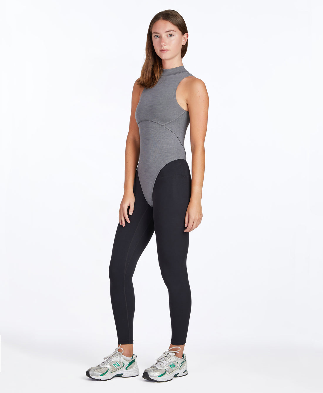 Wear One's At Aerobic Rib Bodysuit in Charcoal on model side view