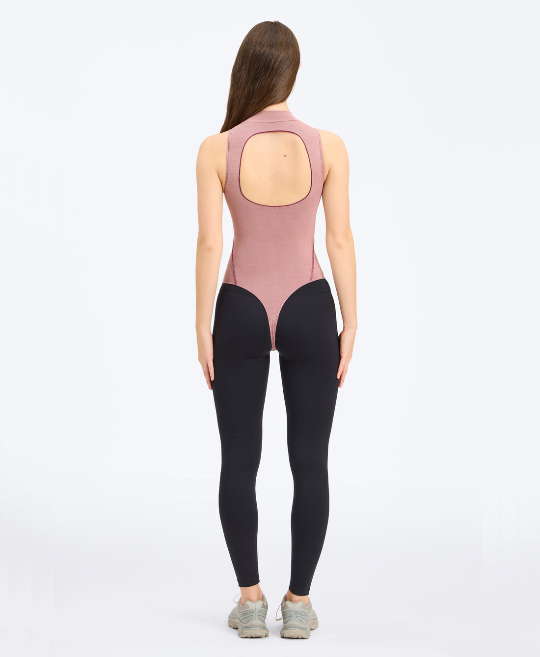 Wear One's At Aerobic Rib Bodysuit in Rose Cloud on studio model back view