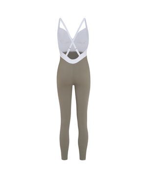 Wear One's At The Contour Unitard in White and Putty on ghost mannequin back view 