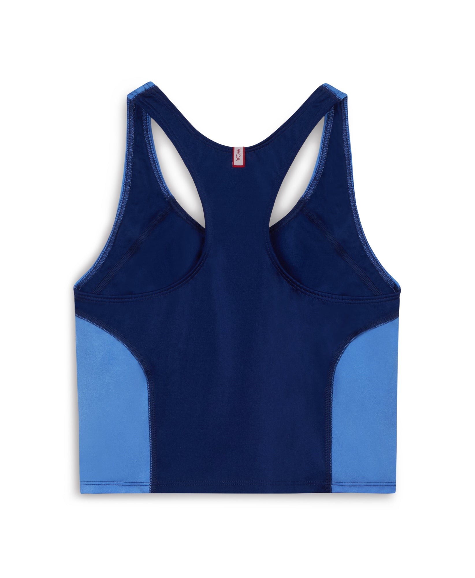 Wear One's At High Jump Tank in navy and sky blue on model standing by speaker