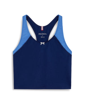 Wear One's At High Jump Tank in navy and sky blue flat lay front