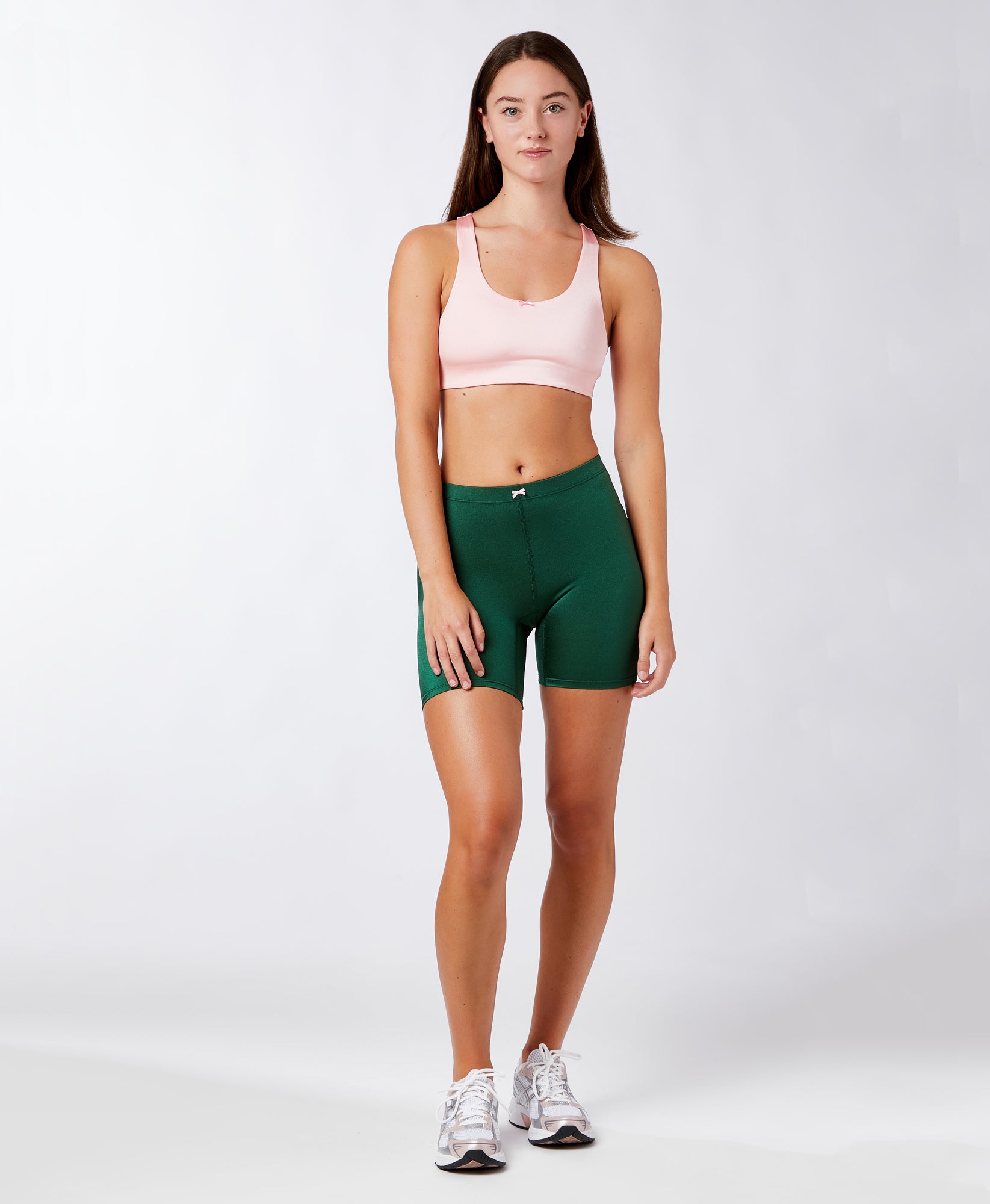 Wear One's At Interval Bike Short in Emerald Ballet on model front view