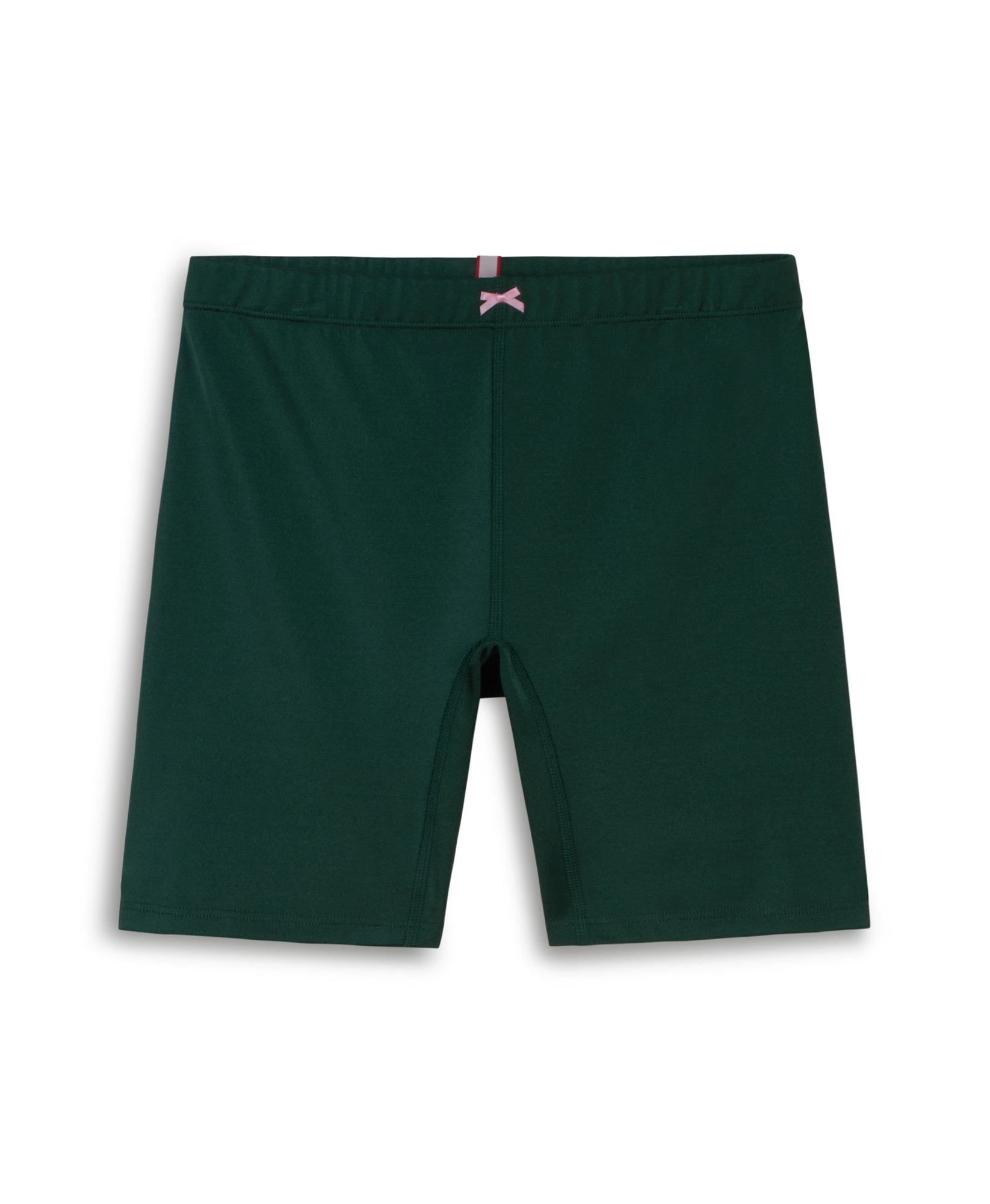 Wear One's At Interval Bike Short in emerald and ballet pink on model with arms stretched over head