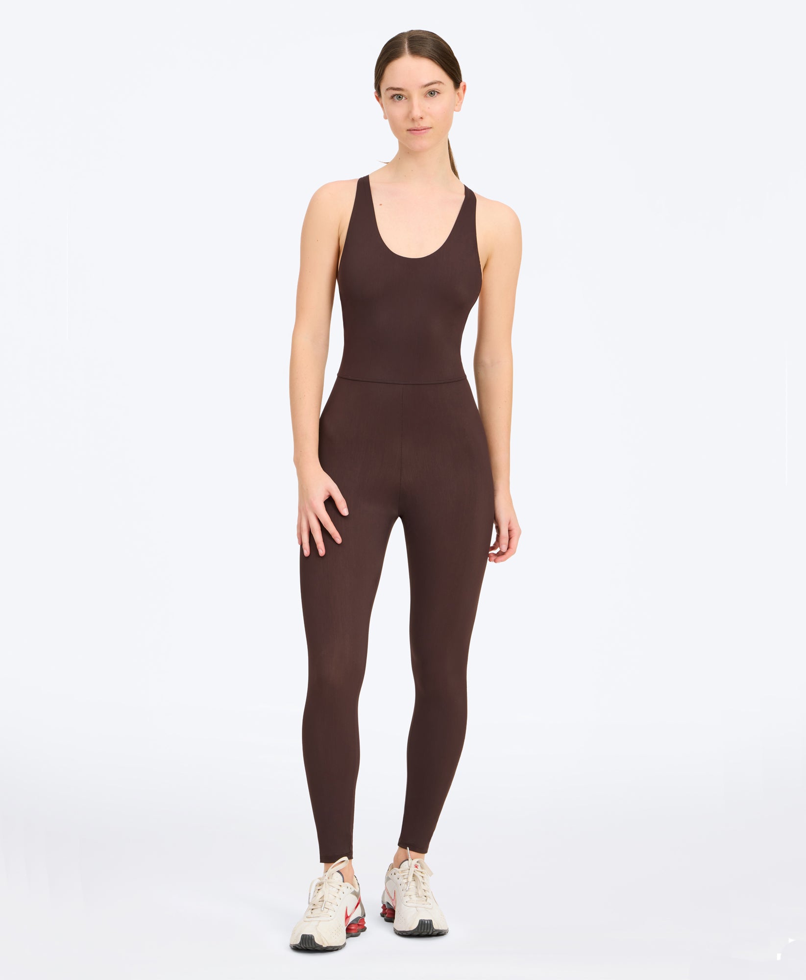 Wear One's At Liberty Unitard in clove on studio model front view