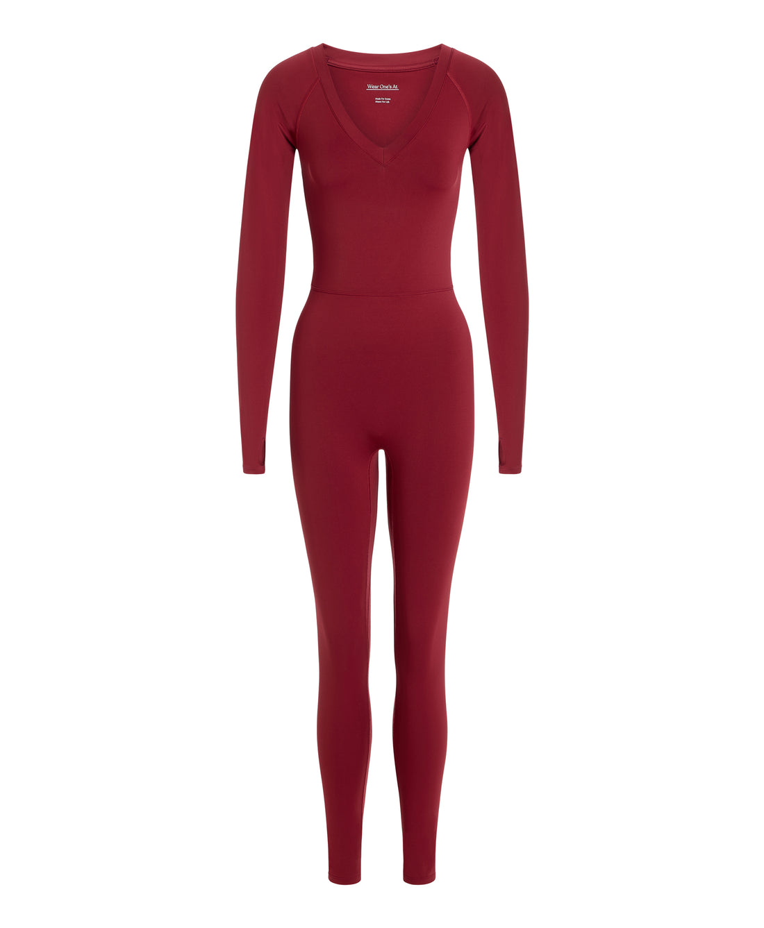 Wear One's At Long Sleeve Varsity Unitard in pomegranate front ghost mannequin image