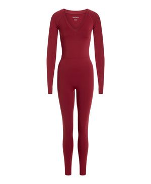 Wear One's At Long Sleeve Varsity Unitard in pomegranate front ghost mannequin image