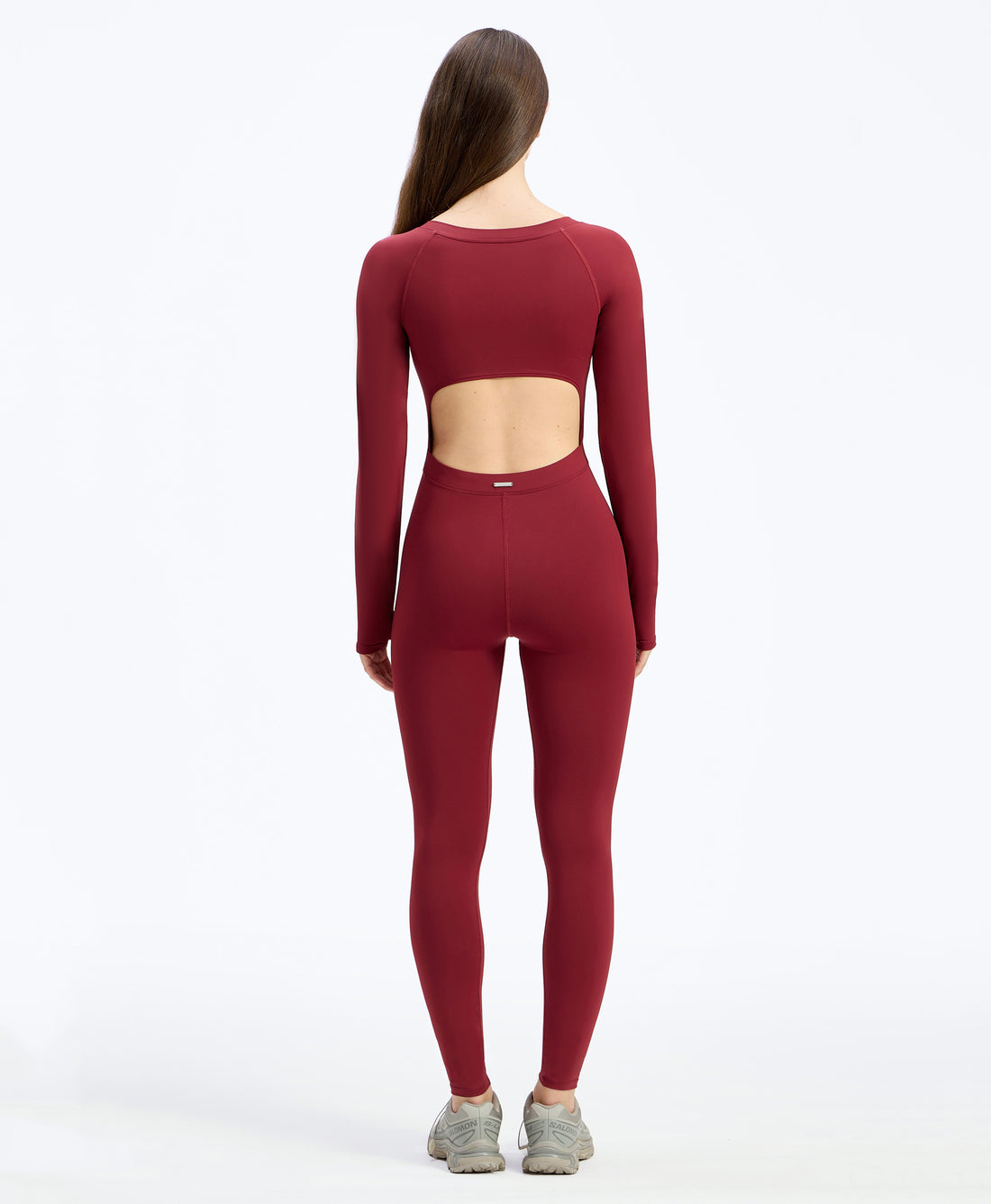 Wear One's At Long Sleeve Varsity Unitard in pomegranate on model full back view