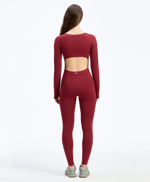 Wear One's At Long Sleeve Varsity Unitard in pomegranate on model full back view