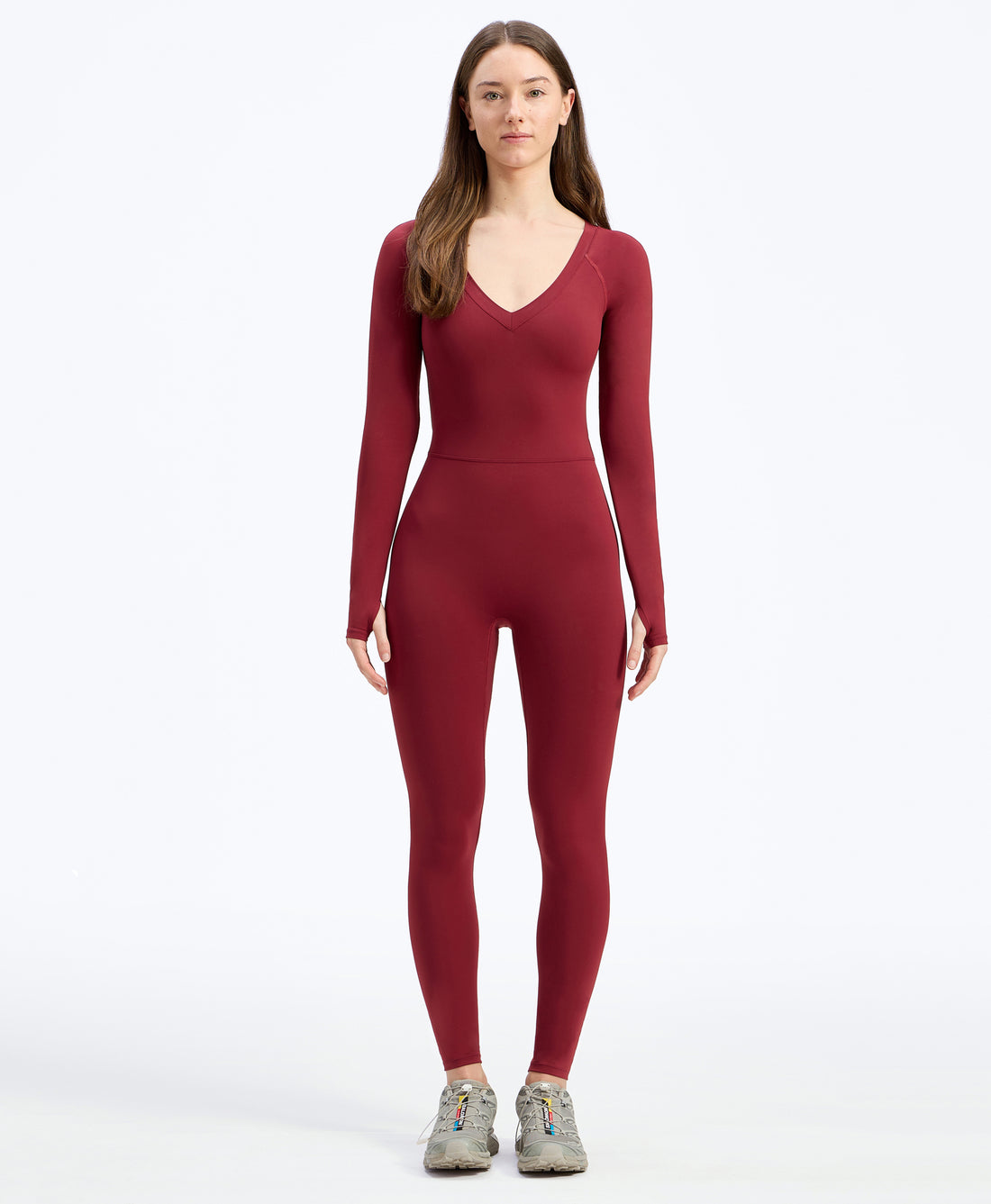 Wear One's At Long Sleeve Varsity Unitard in pomegranate on model full front view