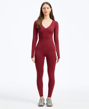 Wear One's At Long Sleeve Varsity Unitard in pomegranate on model full front view