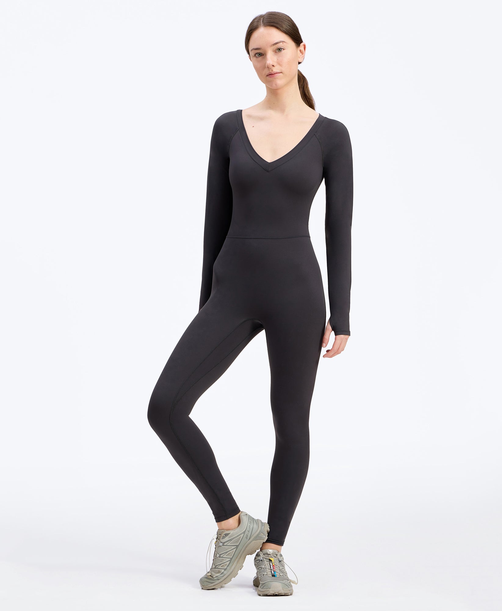 Wear One's At Long Sleeve Varsity Unitard in shadow on model full front styled view