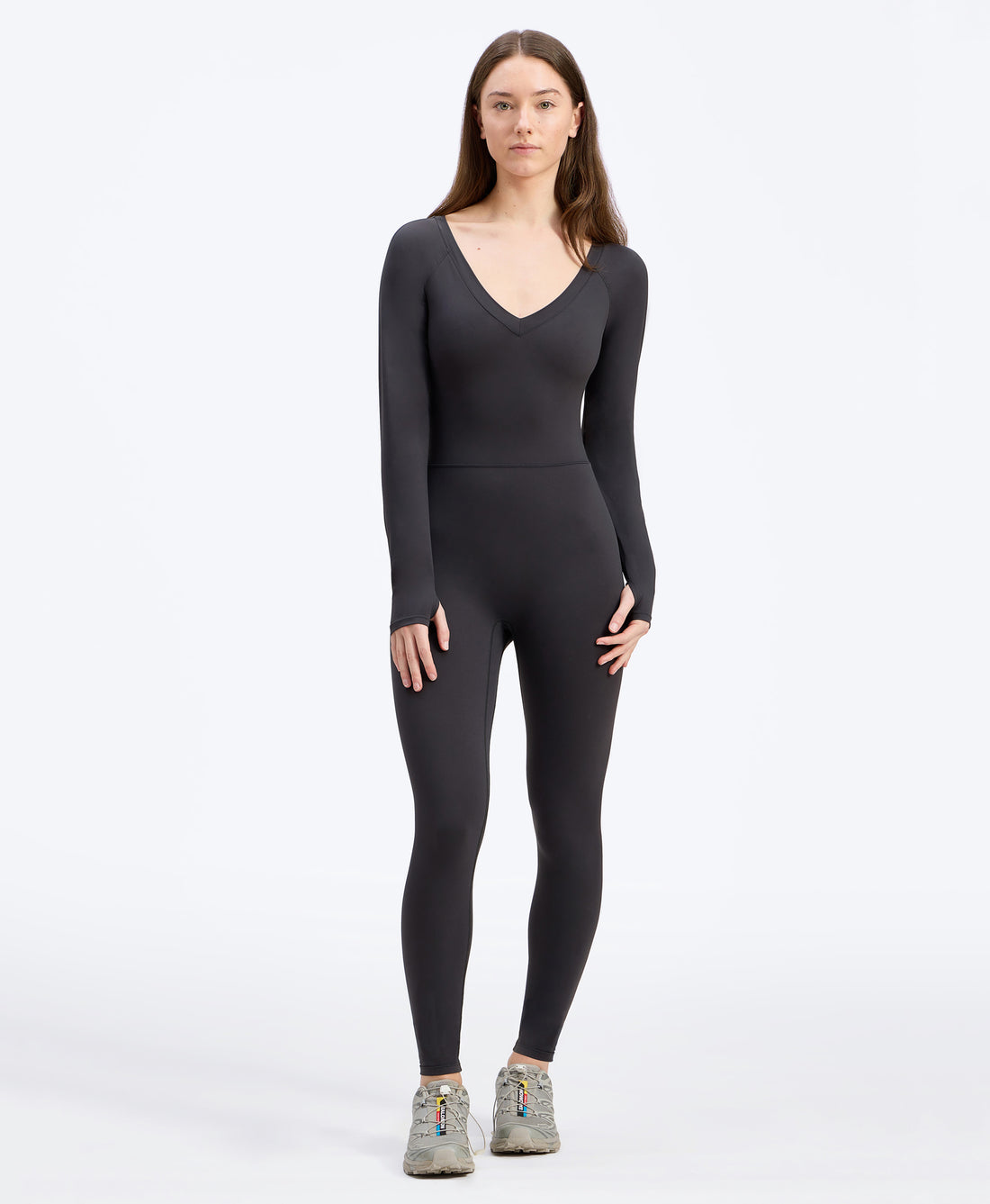 Wear One's At Long Sleeve Varsity Unitard in shadow on model with hair down full front view