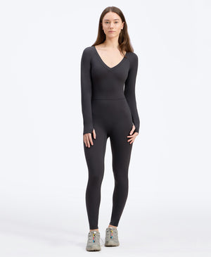 Wear One's At Long Sleeve Varsity Unitard in shadow on model with hair down full front view
