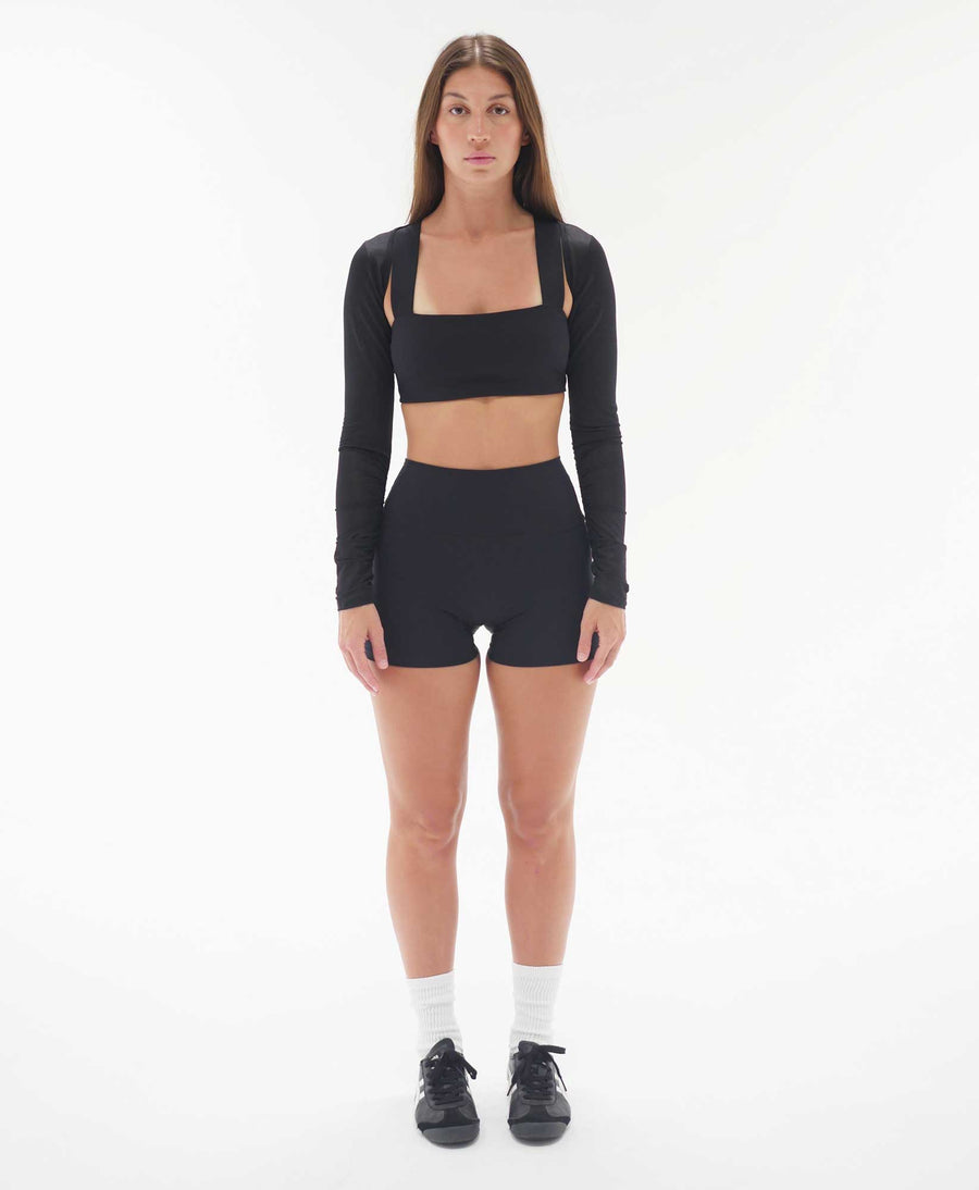 Wear One's At Scrunch Shrug in Goji Black on model main full front view