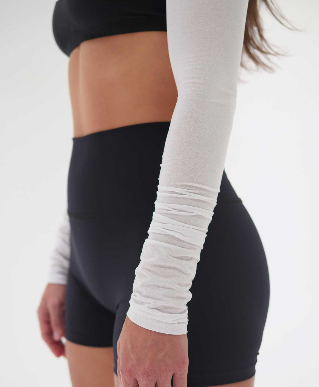 Wear One's At The Scrunch Shrug in Coconut White on model cropped detail view
