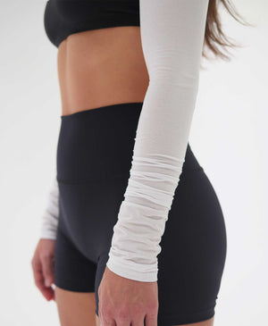 Wear One's At The Scrunch Shrug in Coconut White on model cropped detail view