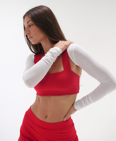 Wear One's At The Scrunch Shrug in Coconut White on model holding shoulder cropped front view