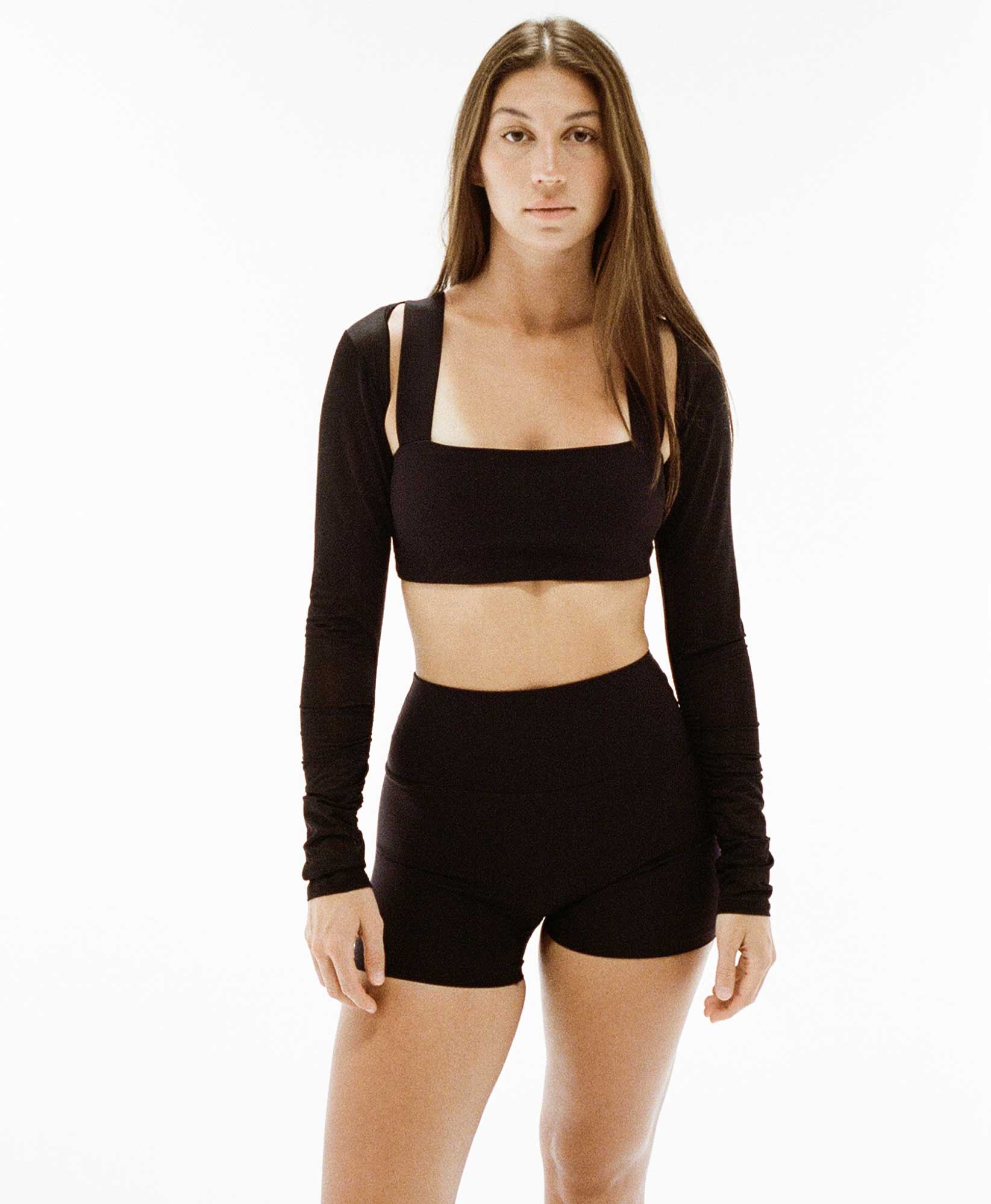 Wear One's At The Scrunch Shrug in Goji Black on model cropped front view