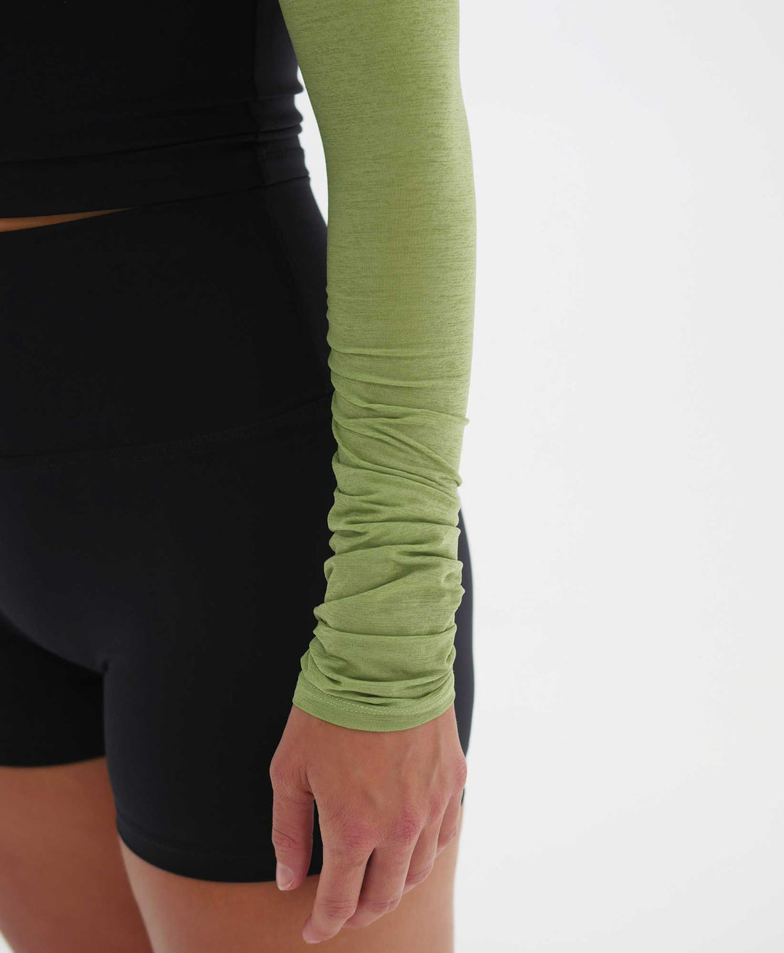 Wear One's At The Scrunch Shrug in Kiwi Green on model cropped side view
