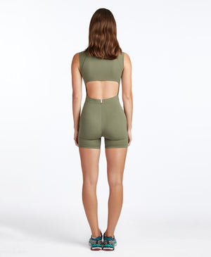 Wear One's At Varsity Bike Short Unitard in Prairie Green on model full back view