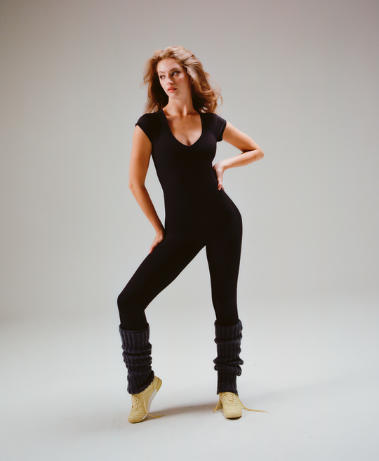 Wear One's At Varsity Unitard in Shadow on model with hand on hip