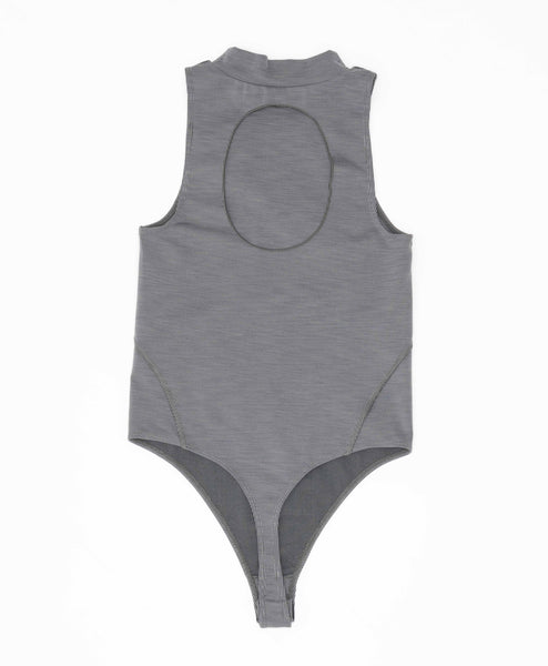 Wear One's At Aerobic Rib Bodysuit in Charcoal on Model Full Front View