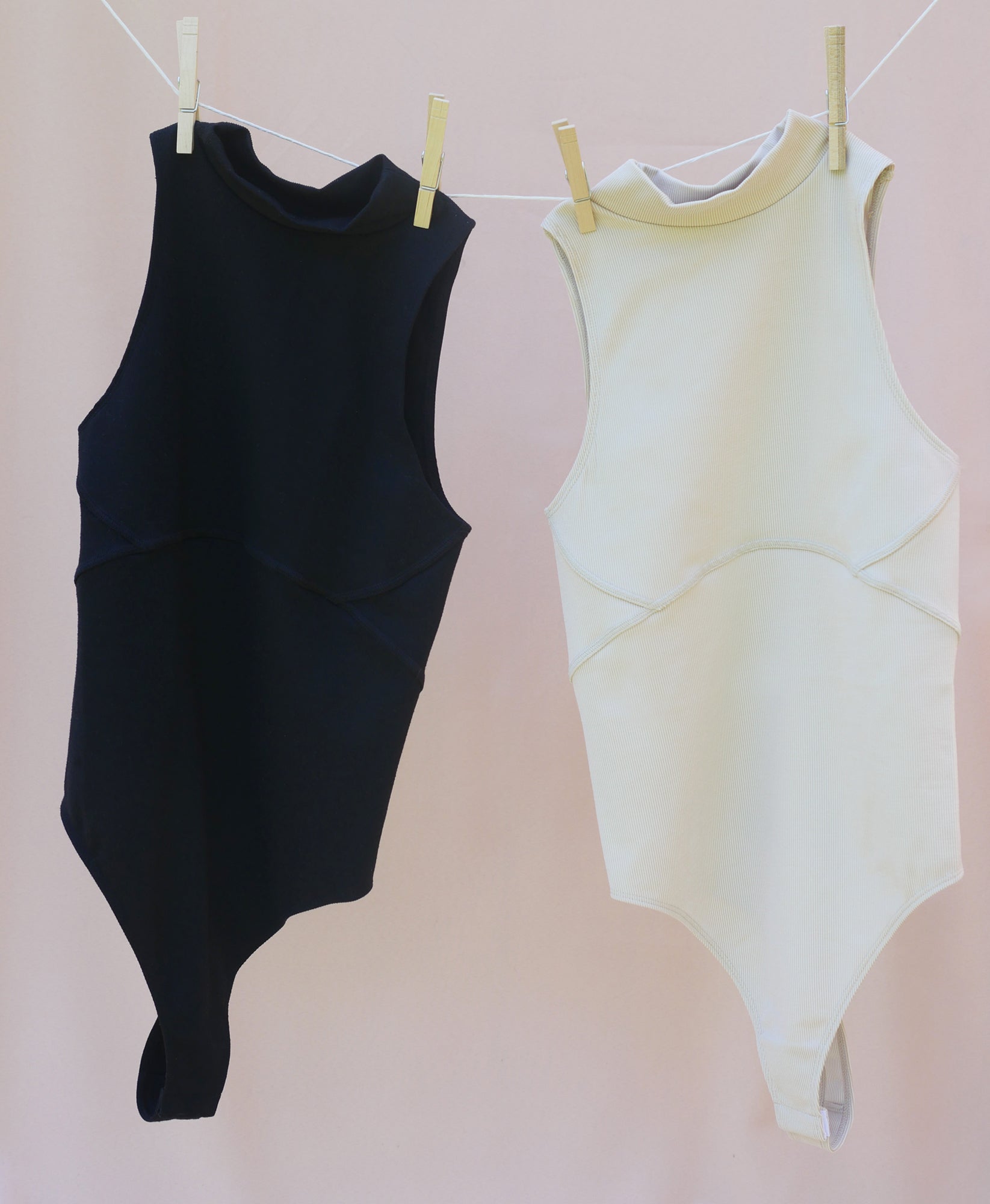 Wear One's At Aerobic Rib Bodysuit in Jet and Oatmeal Flat Front