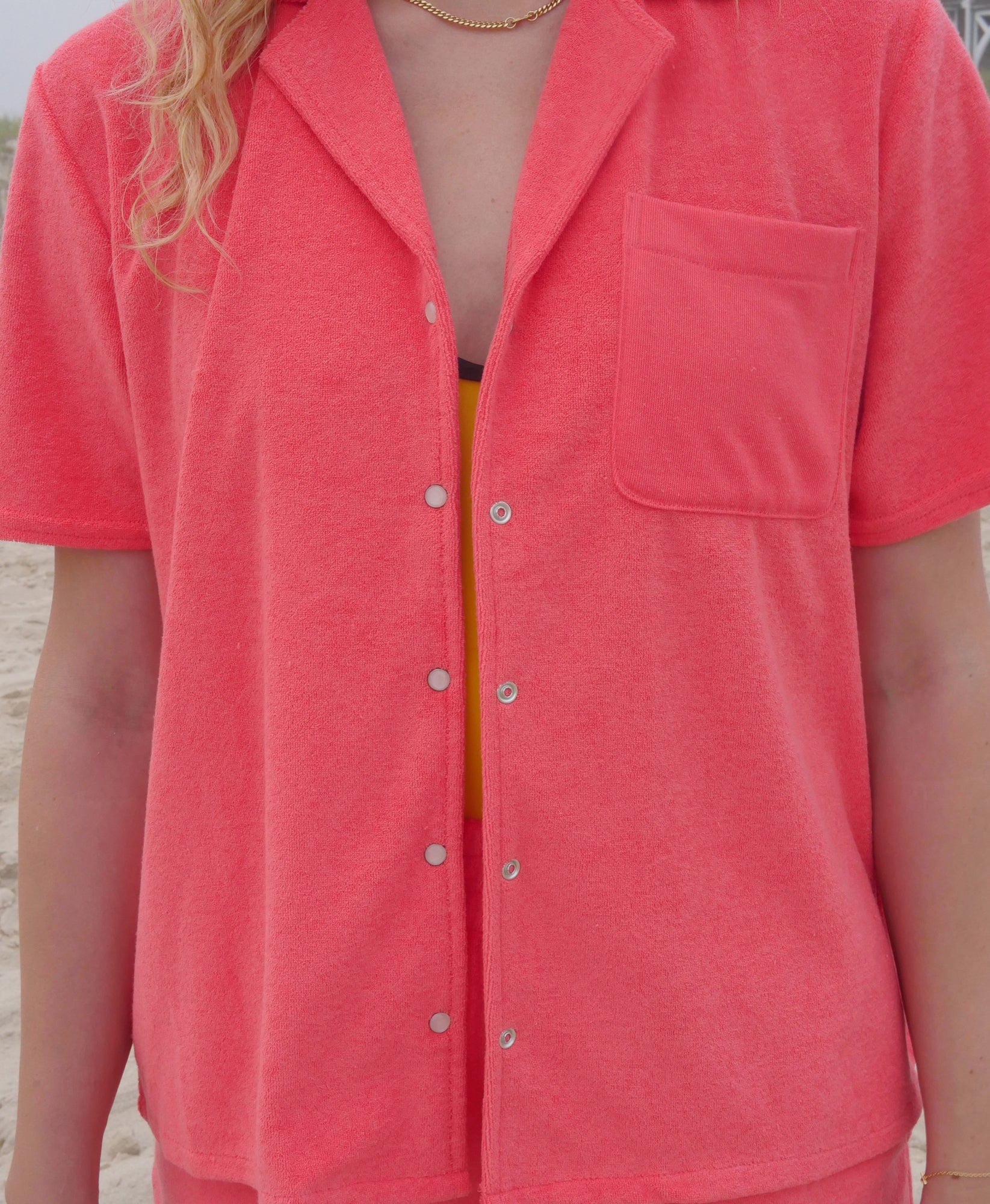 Wear One's At Aqualina Terry Button Down in Aperol Pink on Model Front Detail View