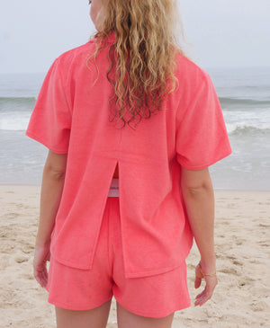 Wear One's At Aqualina Terry Button Down in Aperol Pink on Model Full Back View