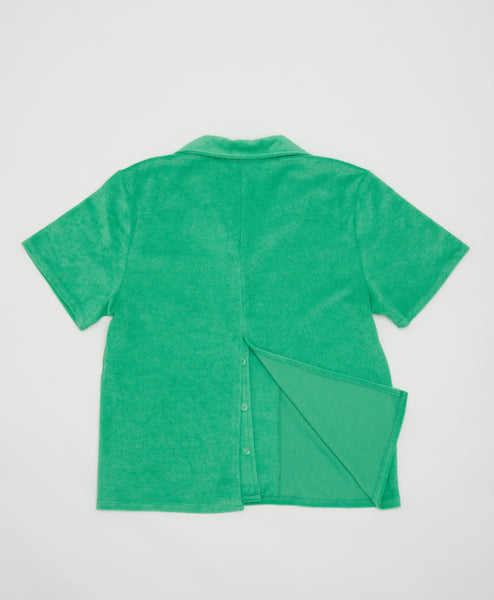 Wear One's At Aqualina Terry Cloth Button Down in Webster Green on Model Front View