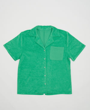 Wear One's At Aqualina Terry Cloth Button Down in Webster Green Flat Front