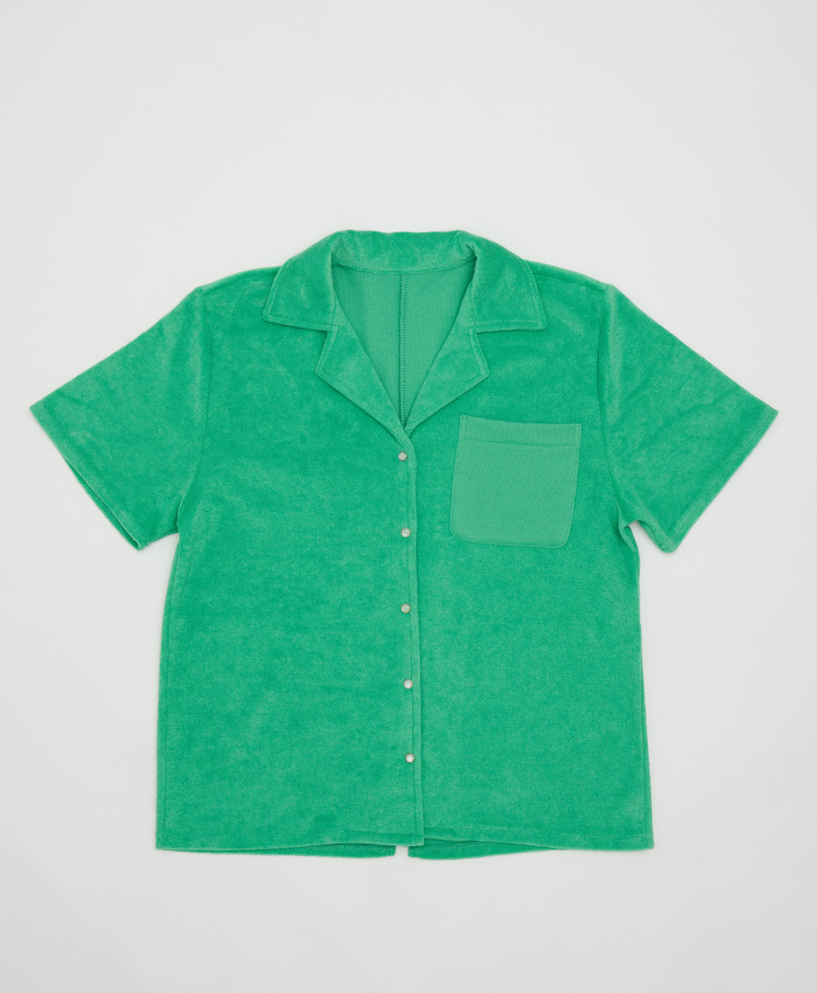 Wear One's At Aqualina Terry Cloth Button Down in Webster Green Flat Front