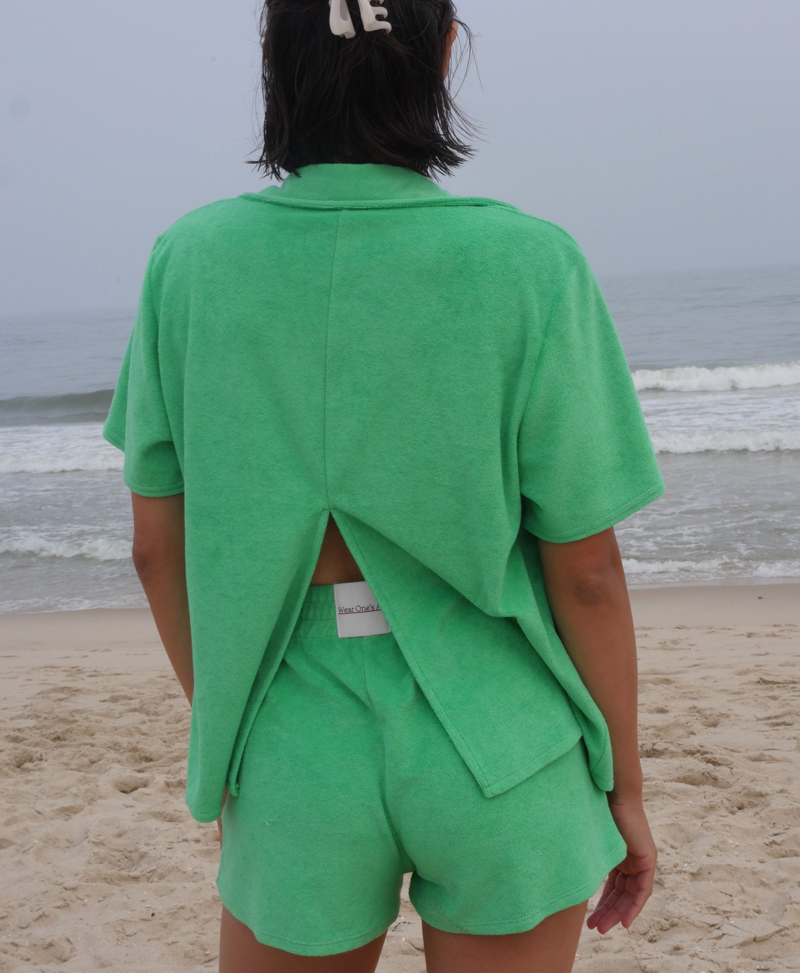 Wear One's At Aqualina Terry Cloth Button Down in Webster Green on Model Back View