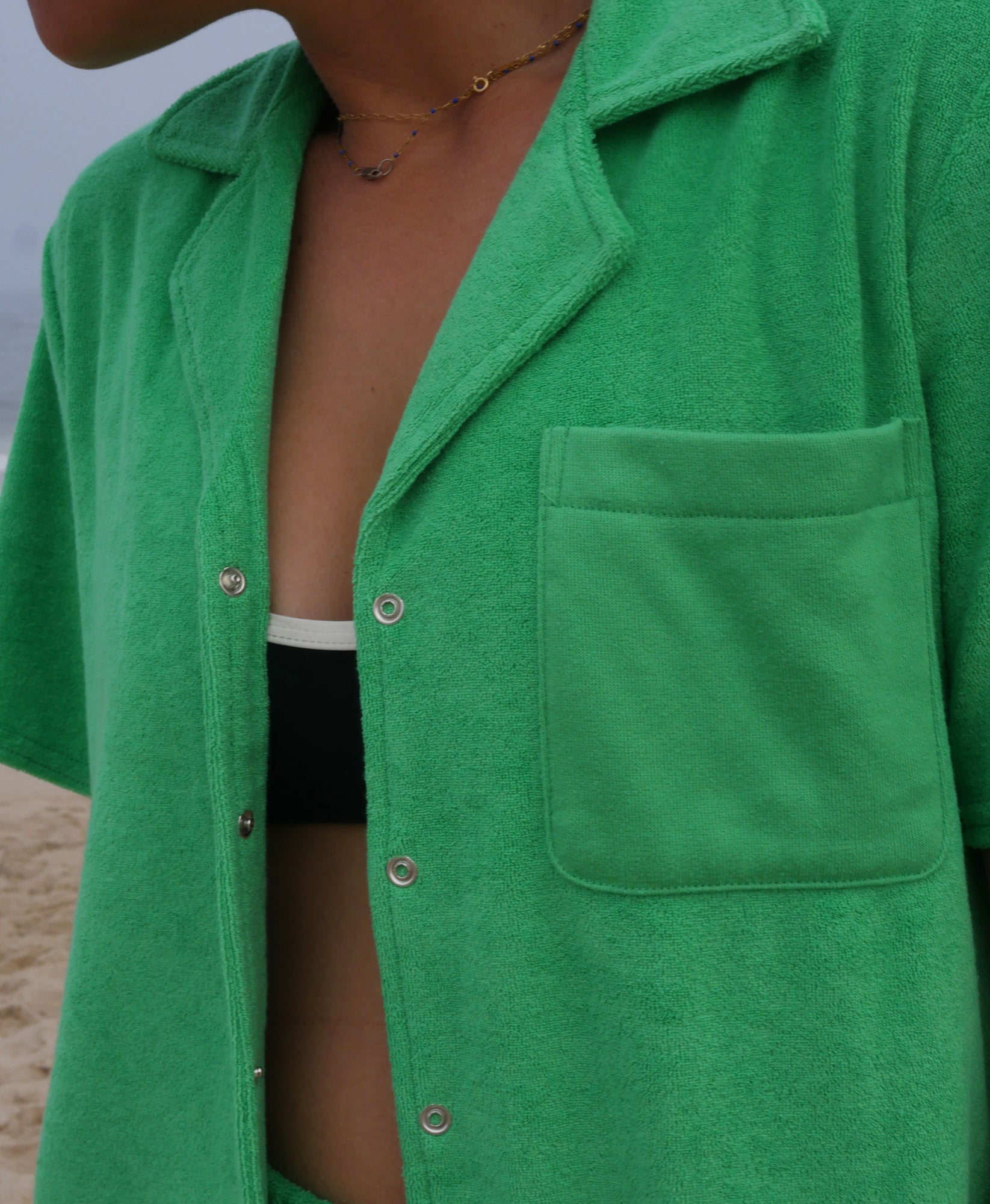 Wear One's At Aqualina Terry Cloth Button Down in Webster Green on Model Detail View