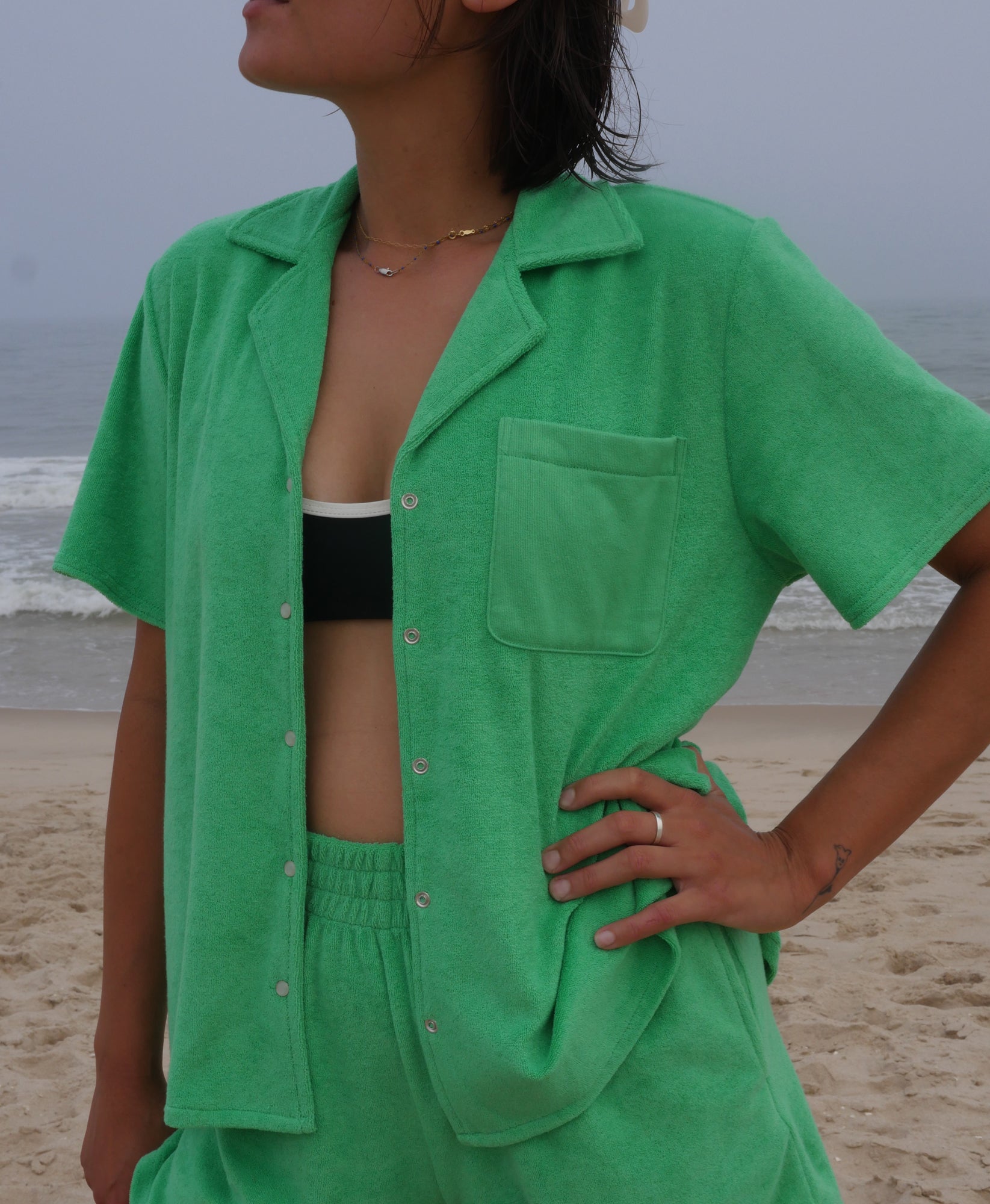 Wear One's At Aqualina Terry Cloth Button Down in Webster Green on Model Front Detail View