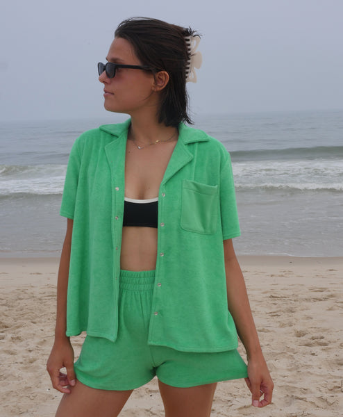 Wear One's At Aqualina Terry Cloth Button Down in Webster Green on Model Front View