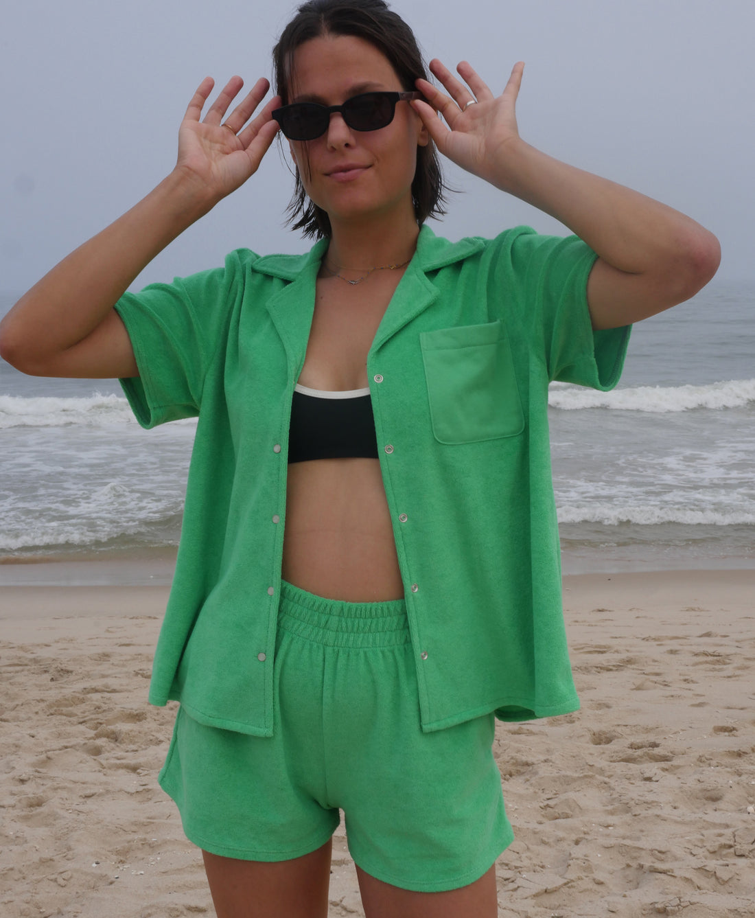 Wear One's At Aqualina Terry Cloth Shorts in Webster Green on Model Front View