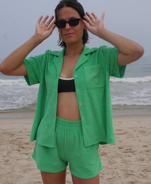 Wear One's At Aqualina Terry Cloth Shorts in Webster Green on Model Front View