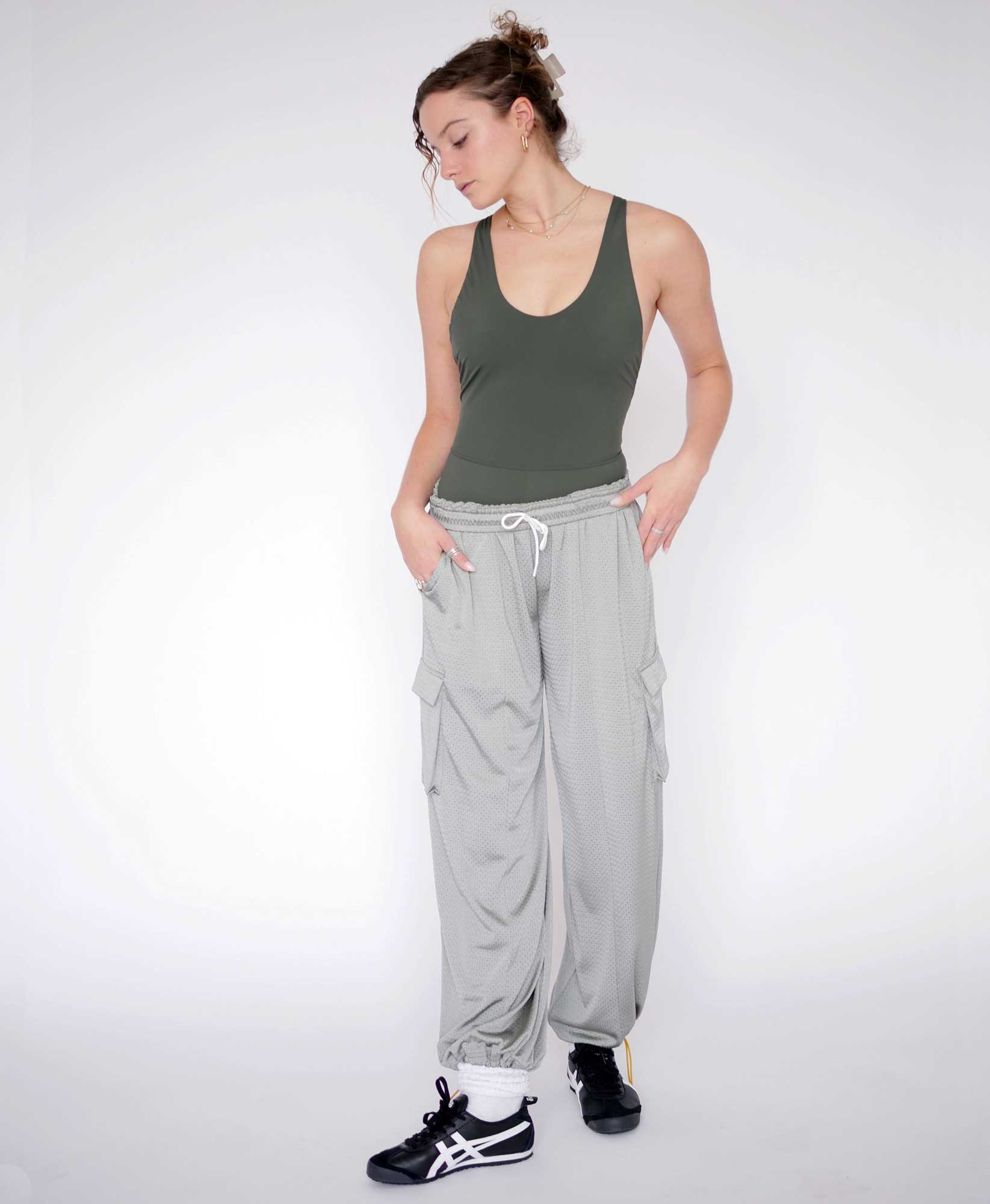Wear One's At Arena Pant in Mineral Grey on Model Looking Down Full Front View