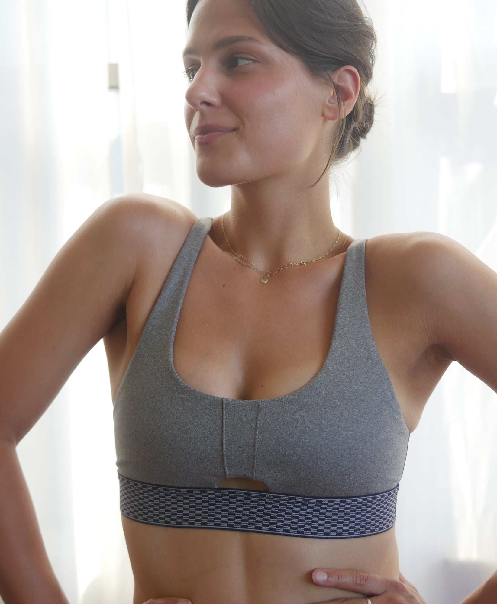Wear One's At Keyhole Bra in Sport Grey on Model Front Detail View
