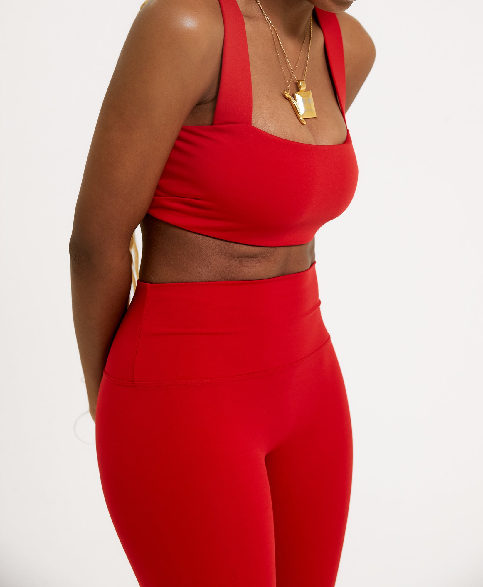 Wear One's At Routine Legging in Casanova Red on Model Front Side Detailed View