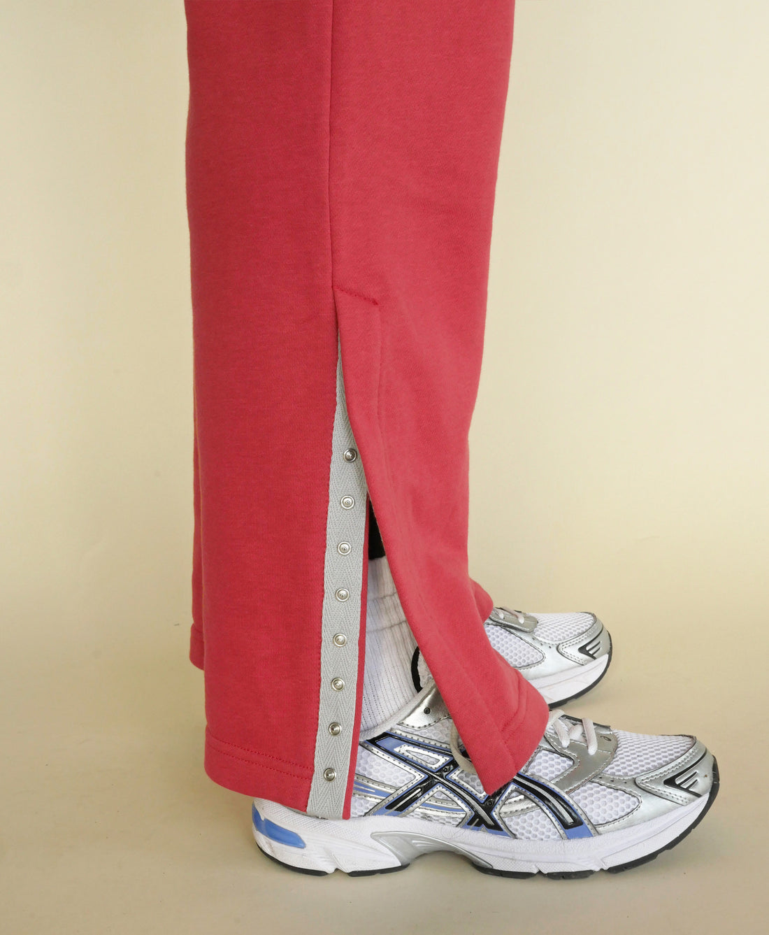 Wear One's At Slashleg Sweatpants in Sepia on Model Side Detail View Snap Closures